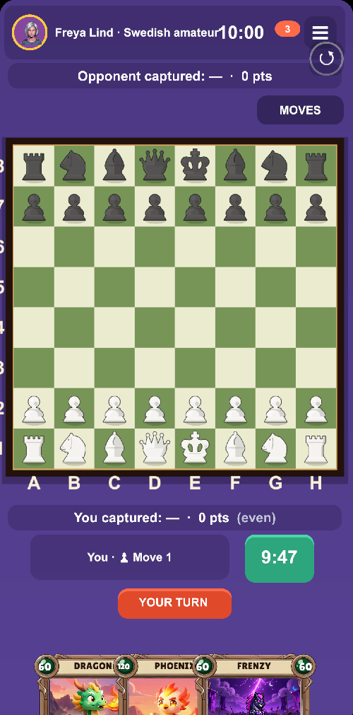 A live Fantastic Chess match — board on top, hand of cards below